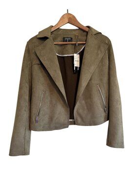 Tahari Faux Suede Moto Jacket Small Olive Green Cropped Biker NWT